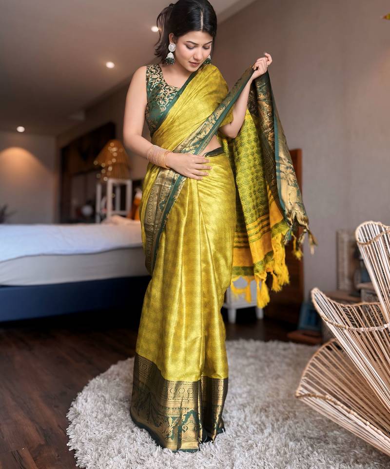Light green blended cotton woven zari work saree with blouse