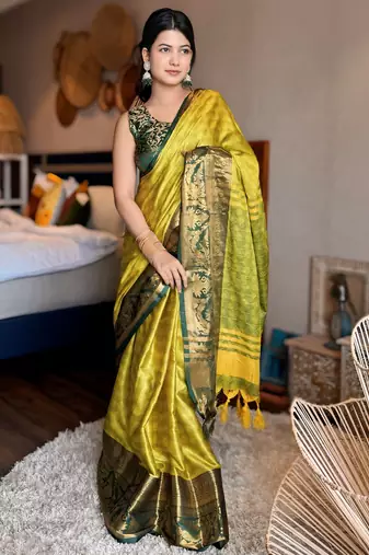 Light green blended cotton woven zari work saree with blouse