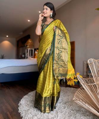 Light green blended cotton woven zari work saree with blouse 4