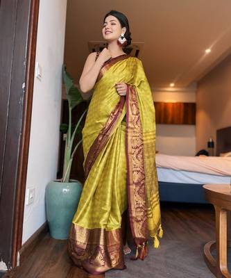 Light green blended cotton woven zari work saree with blouse 1