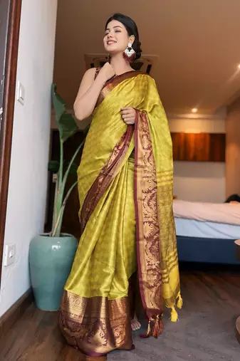 Light green blended cotton woven zari work saree with blouse