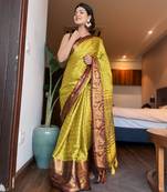 Light green blended cotton woven zari work saree with blouse