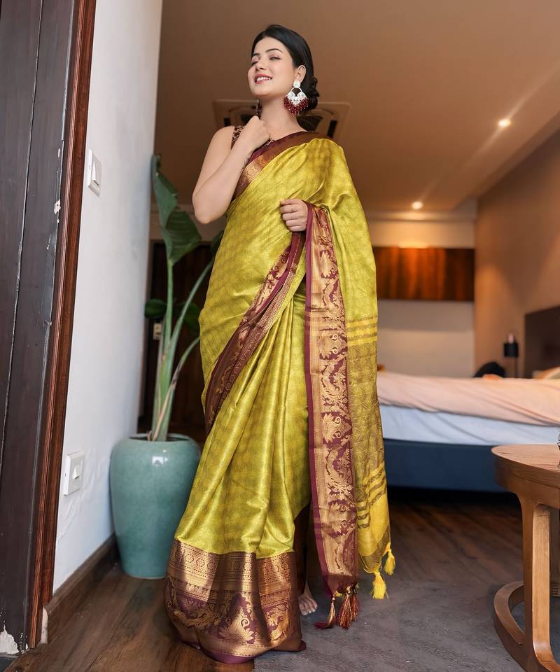 Light green blended cotton woven zari work saree with blouse