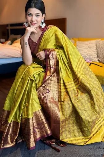 Light green blended cotton woven zari work saree with blouse