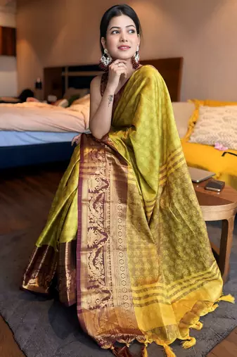 Light green blended cotton woven zari work saree with blouse
