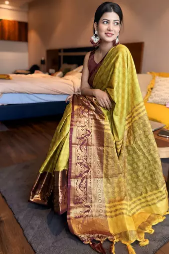 Light green blended cotton woven zari work saree with blouse