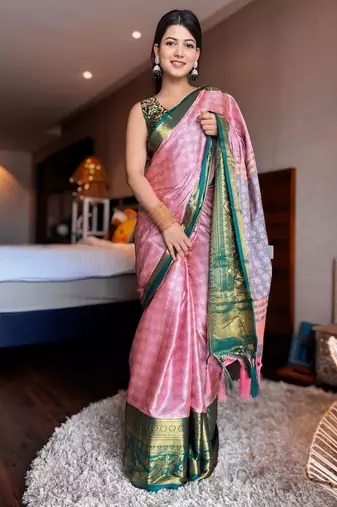Pink blended cotton woven zari work saree with blouse