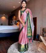 Pink blended cotton woven zari work saree with blouse