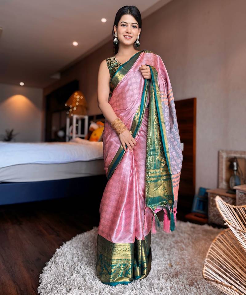 Pink blended cotton woven zari work saree with blouse