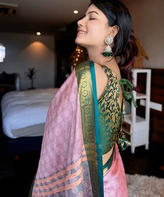 Pink blended cotton woven zari work saree with blouse 2