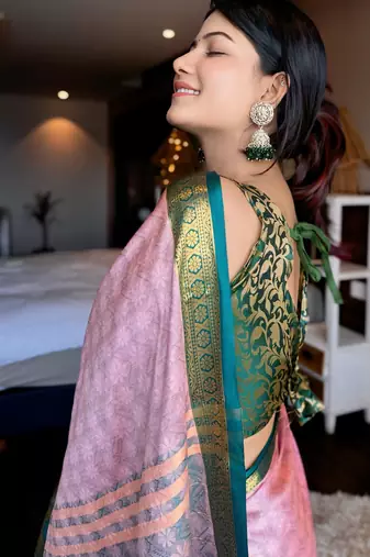 Pink blended cotton woven zari work saree with blouse