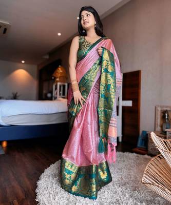 Pink blended cotton woven zari work saree with blouse 3