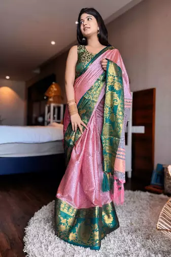 Pink blended cotton woven zari work saree with blouse