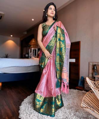 Pink blended cotton woven zari work saree with blouse 4