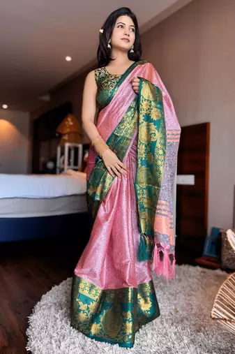 Pink blended cotton woven zari work saree with blouse