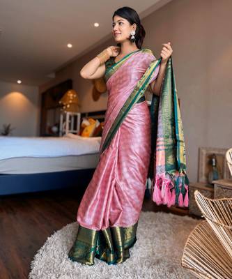 Pink blended cotton woven zari work saree with blouse 5