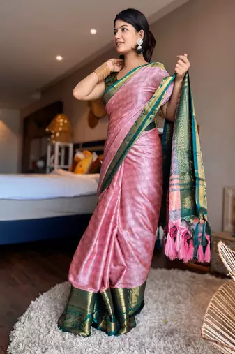 Pink blended cotton woven zari work saree with blouse