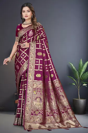 Wine Satin Silk Saree with Gold Zari & Thread Work, Rich Pallu, Woven Border, Running Blouse Piece