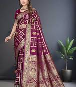 Wine Satin silk blend Saree with Gold Zari & Thread Work, Rich Pallu, Woven Border, Running Blouse Piece
