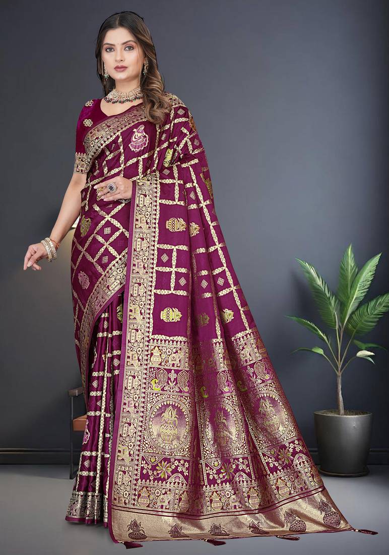 Wine Satin Silk Saree with Gold Zari & Thread Work, Rich Pallu, Woven Border, Running Blouse Piece