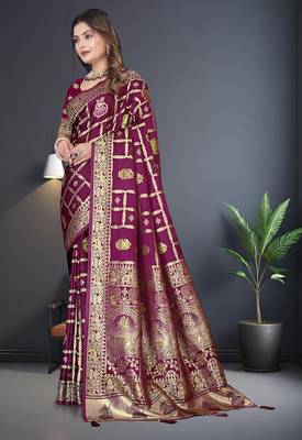 Wine Satin silk blend Saree with Gold Zari & Thread Work, Rich Pallu, Woven Border, Running Blouse Piece 2