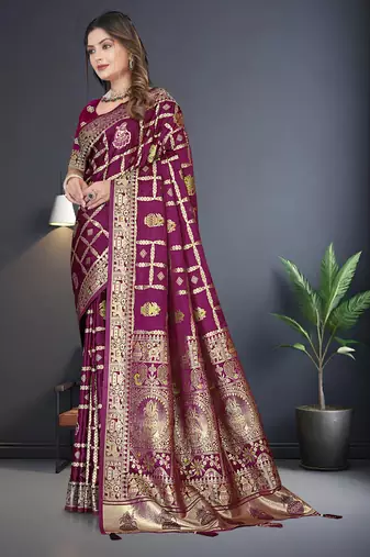 Wine Satin silk blend Saree with Gold Zari & Thread Work, Rich Pallu, Woven Border, Running Blouse Piece