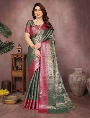 Dark green silk blend woven zari work saree with blouse 1