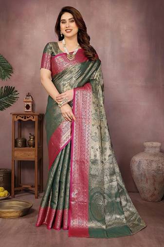 Dark green silk blend woven zari work saree with blouse