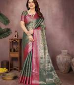 Dark green silk blend woven zari work saree with blouse