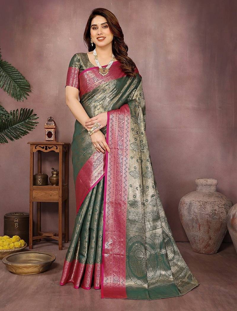 Dark green silk blend woven zari work saree with blouse