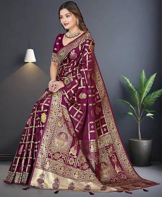 Wine Satin silk blend Saree with Gold Zari & Thread Work, Rich Pallu, Woven Border, Running Blouse Piece 3