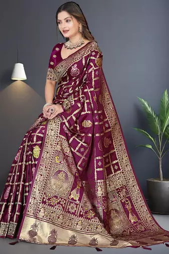 Wine Satin silk blend Saree with Gold Zari & Thread Work, Rich Pallu, Woven Border, Running Blouse Piece