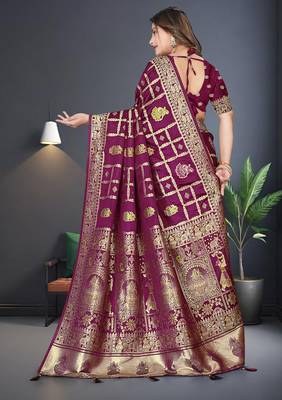 Wine Satin silk blend Saree with Gold Zari & Thread Work, Rich Pallu, Woven Border, Running Blouse Piece 4