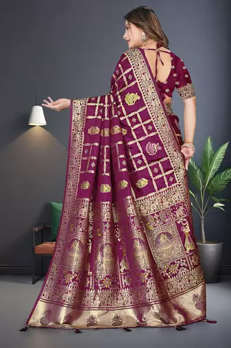 Wine Satin silk blend Saree with Gold Zari & Thread Work, Rich Pallu, Woven Border, Running Blouse Piece