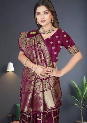 Wine Satin silk blend Saree with Gold Zari & Thread Work, Rich Pallu, Woven Border, Running Blouse Piece 5