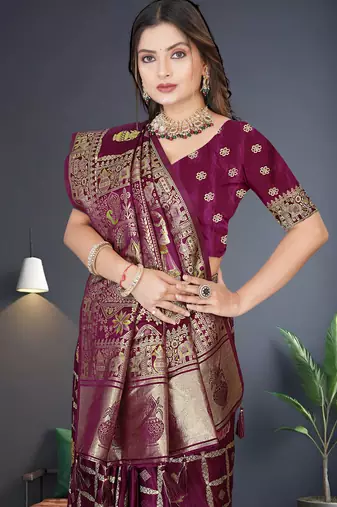 Wine Satin silk blend Saree with Gold Zari & Thread Work, Rich Pallu, Woven Border, Running Blouse Piece