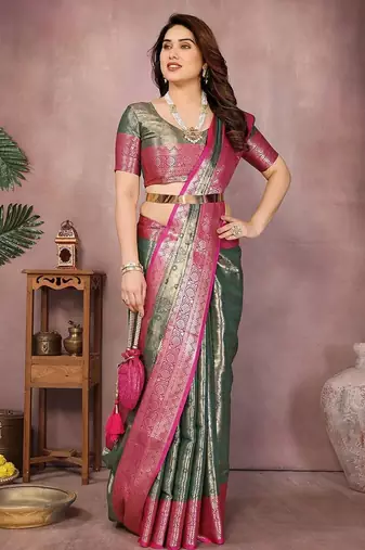 Dark green silk blend woven zari work saree with blouse
