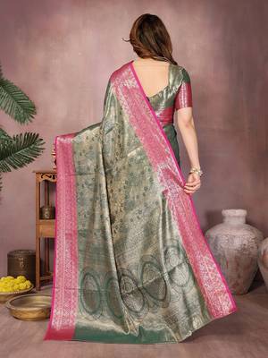 Dark green silk blend woven zari work saree with blouse 3