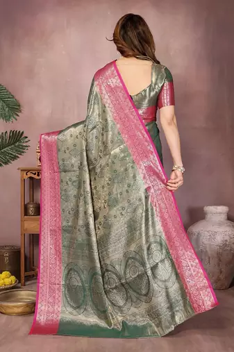 Dark green silk blend woven zari work saree with blouse
