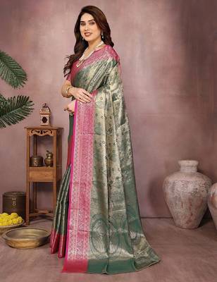 Dark green silk blend woven zari work saree with blouse 4