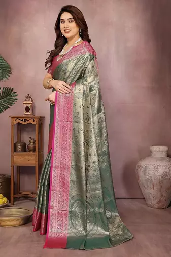 Dark green silk blend woven zari work saree with blouse