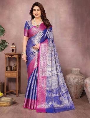 Blue silk blend woven zari work saree with blouse 1