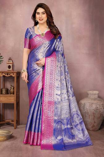 Blue silk blend woven zari work saree with blouse