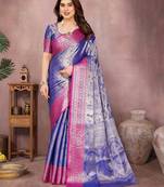 Blue silk blend woven zari work saree with blouse