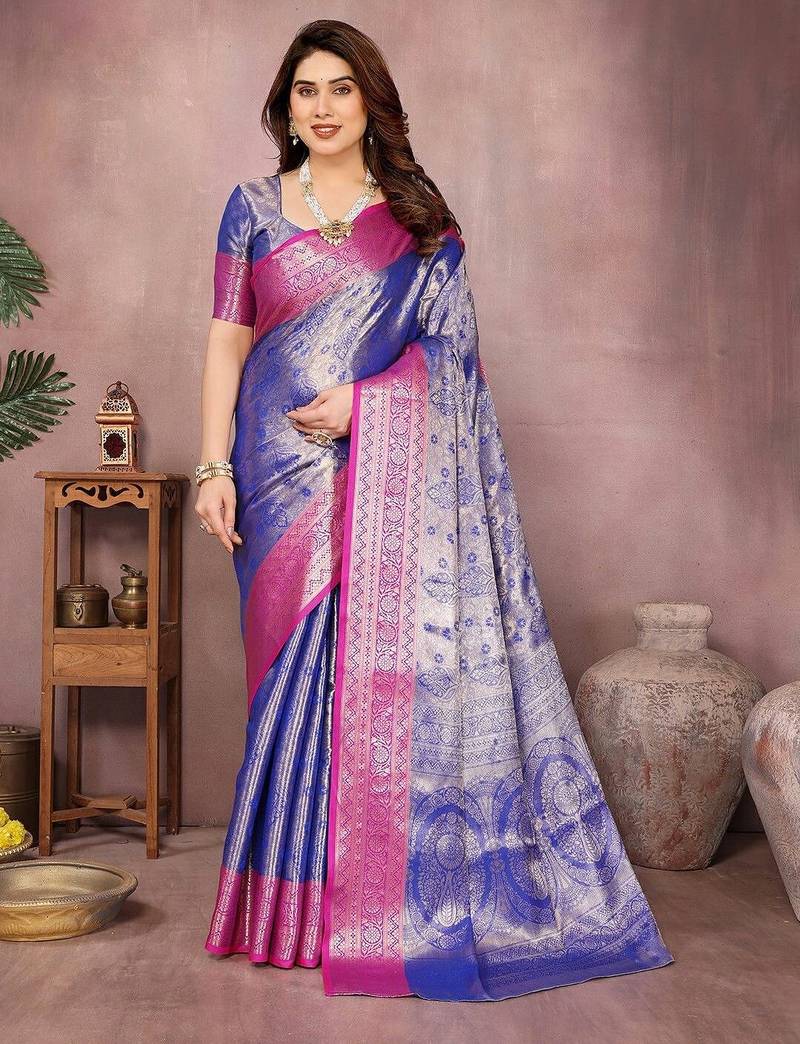 Blue silk blend woven zari work saree with blouse