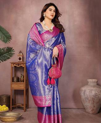 Blue silk blend woven zari work saree with blouse 2