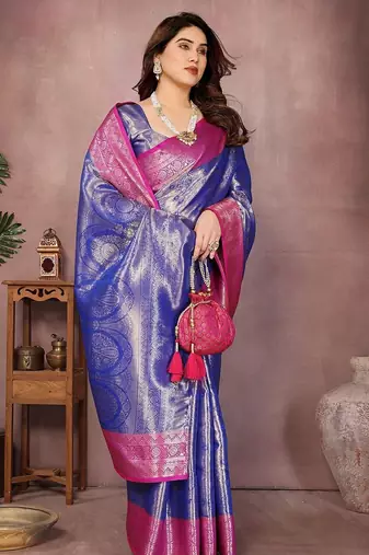 Blue silk blend woven zari work saree with blouse