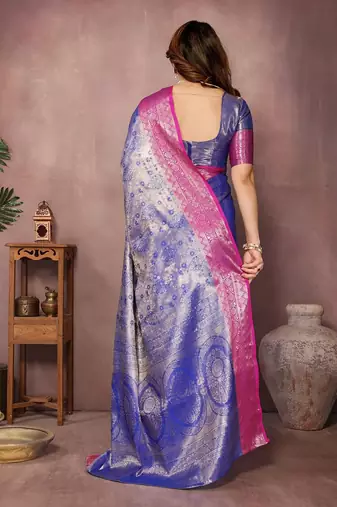 Blue silk blend woven zari work saree with blouse