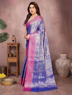 Blue silk blend woven zari work saree with blouse 4
