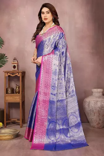 Blue silk blend woven zari work saree with blouse